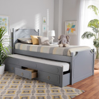 Baxton Studio Mariana-Grey-3DW-Twin Mariana Traditional Transitional Grey Finished Wood Twin Size 3-Drawer Storage Bed with Pull-Out Trundle Bed
